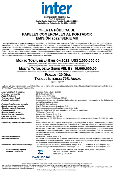 Telemic Aviso de Prensa Emisión 2022 Serie-VIII Bs Miniatura
