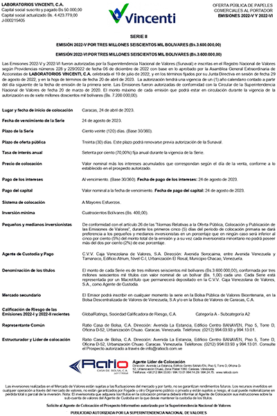 Laboratorios Vincenti Aviso de Prensa Papeles Comerciales Emisiones 2022-V y VI Serie-II Miniatura